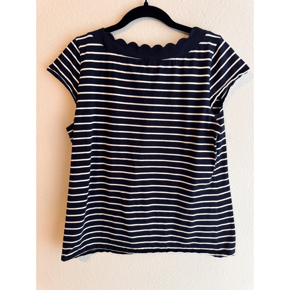 Anne Klein Navy White Striped Scallop Neck Cap Sleeve Top Womens Large